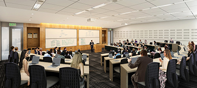 large classroom with tiered rows of seating