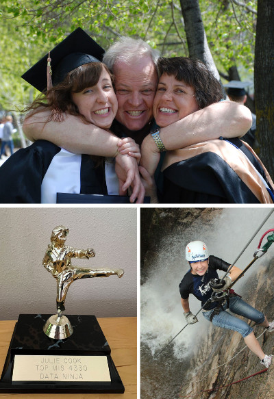 Julie smiles with her parents James and Debbie at her 2014 graduation from USU and The coveted data ninja award Julie received her senior year and Julie rappels during one of her many travel adventures. Photos courtesy of the Cook family.